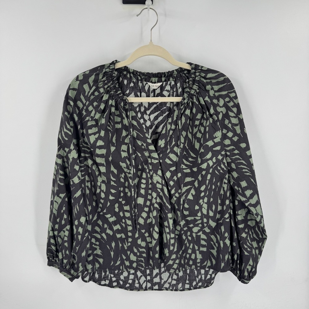 HUSH Blouse Green Black Abstract Print Cotton Medium Top Boho Peasant Shirt